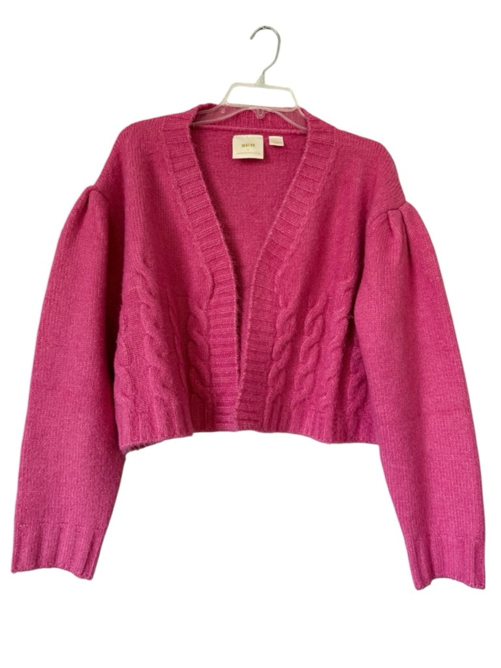 Maeve Cropped Open Cardigan Fuchsia Pink Size OS Anthropologie Puff Sleeve